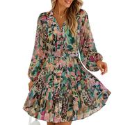 ZESICA Damen-Minikleid für Frühling, Sommer, Blumenmuster, langärmelig, Knopf, Chiffon, A-Linie, Swing, kurz, Hochzeit, Gast, Partykleid, Grün, Mittel