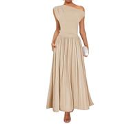 ZESICA Damen Sommer 2026 ärmelloses Maxikleid Einschulter lässiges schlankes Swing Plissiertes formelles Kleid mit Taschen, Sand, Mittel