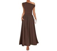 ZESICA Damen Sommer 2026 ärmelloses Maxikleid Einschulter lässiges schlankes Swing Plissiertes formelles Kleid mit Taschen, Braun, Mittel