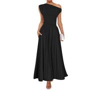 ZESICA Damen Sommer 2026 ärmelloses Maxikleid Einschulter lässiges schlankes Swing plissiertes formelles Kleid mit Taschen, Schwarz, Mittel