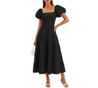 ZESICA Damen-Sommerkleid 2026, quadratischer Ausschnitt, kurze Puffärmel, einfarbig, hohe Taille, lässig, gesmokt, fließend, A-Linie, gestuftes Midikleid, Schwarz, X-Groß