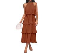 ZESICA Damen-Sommerkleid, ärmelloses Midikleid mit Halterneck, Volants, Stufenlagen und fließendem Chiffon-Swing-Design, Ahorn, Mittel