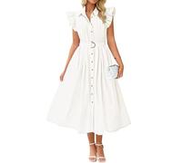 ZESICA Damen Sommerkleider mit Knopfleiste, 2026, Flatter, kurze Ärmel, Gürtel, Business, Freizeit, Arbeit, lange Kleider mit Taschen, Weiss/opulenter Garten, Mittel
