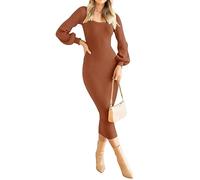 ZESICA Damen Strickkleid 2025, quadratischer Ausschnitt, gerippt, Puffärmel, schmale Passform, figurbetont, Herbst und Winter, Kaffee, X-Groß