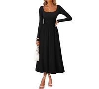 ZESICA Frühlingskleider für Damen 2026, elegant, klassisch, quadratischer Ausschnitt, langärmelig, fließend, für Hochzeit, Gast, Party, Midikleid, Schwarz, Klein