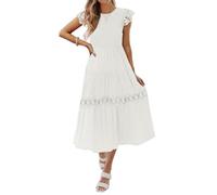 ZESICA Lässiges Damen-Midikleid mit Rundhalsausschnitt, Flatterärmel, gesmokt, hohe Taille, ausgehöhlter Spitzenbesatz, gestuftes A-Linien-Midikleid, Elfenbein, X-Groß