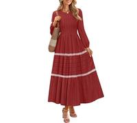 ZESICA Langärmeliges Maxikleid für Damen, lässig, Rundhalsausschnitt, gesmokt, A-Linie, gestuft, fließend, langes Kleid für Hochzeitsgäste, Rot/Ausflug, einfarbig (Getaway Solids), Mittel