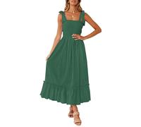 ZESICA Langes Maxikleid für Damen, für den Sommer, im Boho-Stil, mit Spaghettiträgern, quadratischer Ausschnitt, einfarbig, mit Rüschen, A-Linie, für den Strand, ForestGreen, Mittel