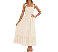 ZESICA Langes Maxikleid für Damen, für den Sommer, im Boho-Stil, mit Spaghettiträgern, quadratischer Ausschnitt, einfarbig, mit Rüschen, A-Linie, für den Strand, Aprikose, X-Klein