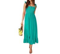 ZESICA Langes Maxikleid für Damen, für den Sommer, im Boho-Stil, mit Spaghettiträgern, quadratischer Ausschnitt, einfarbig, mit Rüschen, A-Linie, für den Strand, Pfau, Klein