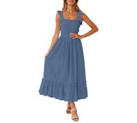 ZESICA Langes Maxikleid für Damen, für den Sommer, im Boho-Stil, mit Spaghettiträgern, quadratischer Ausschnitt, einfarbig, mit Rüschen, A-Linie, für den Strand, Dustyblue, X-Groß