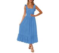 ZESICA Langes Maxikleid für Damen, für den Sommer, im Boho-Stil, mit Spaghettiträgern, quadratischer Ausschnitt, einfarbig, mit Rüschen, A-Linie, für den Strand, Königsblau, X-Groß