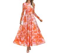 ZESICA Maxikleid für Damen 2026, Herbst, Langarm, Rundhalsausschnitt, Blumendruck, Netzstoff, gerüscht, Party, Hochzeit, Gästekleider, Orange/Abendrot im Zickzackmuster (Sunset Chevron), Groß