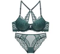 ZESLIV Damen BH Vorderverschluss mit Panty Set Grün 70B Push Up BH mit Bügel Frauen Spitzen Wohlfühl Bustier