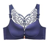 ZESLIV Damen BH Vorderverschluss ohne Bügel 100C Dunkelblau Push Up BH mit Schmetterlingsrückseite große größen Frauen Wohlfühl Bustier Spitzen Strass Bra
