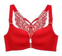ZESLIV Damen BH Vorderverschluss ohne Bügel 110E Rot Push Up BH mit Schmetterlingsrückseite große größen Frauen Wohlfühl Bustier Spitzen Strass Bra