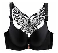 ZESLIV Damen BH Vorderverschluss ohne Bügel 85C Schwarz Push Up BH mit Schmetterlingsrückseite große größen Frauen Wohlfühl Bustier Spitzen Strass Bra