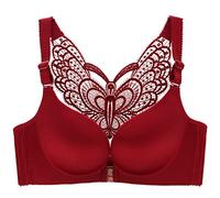ZESLIV Damen BH Vorderverschluss ohne Bügel 85D Weinrot Push Up BH mit Schmetterlingsrückseite große größen Frauen Wohlfühl Bustier Spitzen Strass Bra
