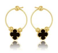ZEYLA Vergoldete Damen Ohrringe Silber 925/585 - Creolen mit vierblättrigem Kleeblatt & schwarzem Naturstein - Symbol Glück, Geschenk Schmuck Goldoptik
