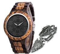 ZFSBRTL Herren Holzuhr, Wikinger Symbol Helm der Ehrfurcht Nordic Rune Vegvisir Handgefertigte Geometrische Kreative Quarzuhren Verstellbares Runenkreis Armband,Mixed Color