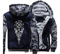 ZFSBRTL Herren Plüsch Kapuzenpullover Fleece Pullover Zip Hoodie, Nordic Vegvisir Rune Print Tattoo Sweatshirt Kleidung Wikinger Totem Winter Warme Kapuzenjacke,D,6XL