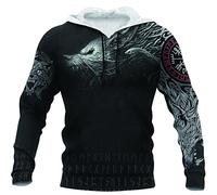 ZFSBRTL Nordic Herren Plüsch Pullover Hoodie, Wikinger 3D Gedruckt Odin Wolf Fenrir Tattoo Totem Reißverschluss Winter Warme Kleidung Streetwear Damen Sweatshirt Kapuzenjacke Kostüm,Hoodie,XXL