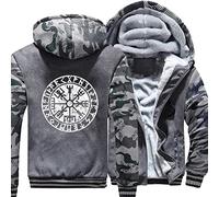 ZFSBRTL Nordic Herren Plüsch Pullover Zip Hoodie, Wikinger Drucken Vegvisir Rune Tattoo Totem Winter Warme Kleidung Streetwear Sweatshirt Kapuzenjacke Kostüm,E,3XL