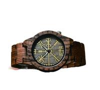 ZFSBRTL Wikinger Schmuck Herrenuhr,Gravuruhr Holzuhr, Runen Vegvisir Helm of Awe, Wikinger Armband | 1. Jahrestag Geschenk, Geburtstagsgeschenk,Braun