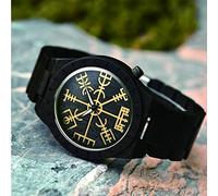 ZFSBRTL Wikinger Schmuck Herrenuhr,Gravuruhr Holzuhr, Runen Vegvisir Helm of Awe, Wikinger Armband | 1. Jahrestag Geschenk, Geburtstagsgeschenk,Schwarz