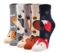 ZFSOCK Lustige Socken Damen Bunte mit Tiermotiv, Baumwolle Witzig Muster Hund Katze Fuchs Eichhörnchen,für Frauen Mädchen Weihnachten Geburtstag 5 Paare Gr.35-42(6.tier)