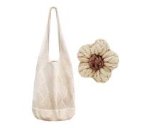 ZGDEIWGF 1 Hohle Stricktasche, 1 Kleine Dekorative Blumenschnalle, Atmungsaktive Netzhandtasche, Sommerstrandtasche, Karierte Umhängetasche, Gewebte Tasche, Einkaufstasche Mit Großem Fassungsvermögen