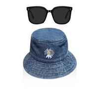 ZGDEIWGF 1 Stück Denim-Fischerhut, 1 Stück Sonnenbrille, Gänseblümchen-Sonnenhut, Herren-Sonnenhut, Damen-Sommerhut