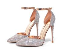 Zhabtuc High Heels, Damen Pumps D'Orsay Knöchelriemen Spitz zulaufender Zehenbereich Stilettos Strass Party Hochzeitsschuhe, Champagnergoldener Strassstein, 38.5 EU