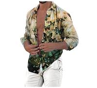 Zhiyao Hemd Bunte Herren Langarm Leinenhemd Muster Blumen Casual Hawaii-Print Männer Mehrfarbig Shirts Baumwolle, Grün, S