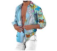 Zhiyao Hemd Bunte Herren Langarm Leinenhemd Muster Blumen Casual Hawaii-Print Männer Mehrfarbig Shirts Baumwolle, Blau