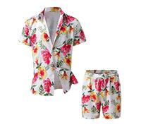 Zhiyao Herren Button Print Shirt Kurzarm & Shorts 2-Teiliger Strandanzug Hawaii Hemd & Strand Hose Sommer 2-Teilig Aloha Shirt Mit Blumen Print Konzert KostüM Urlaub Outfit (White, XXXXL)