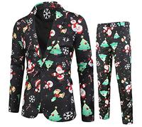 Zhiyao Herren Lustige Weihnachtsanzug 2-Teilig Slim Fit Button Verschiedene Drucke Formal Weihnachten Sakko Hose Blazer Partyanzug für Festlich Party Abend Hochzeit