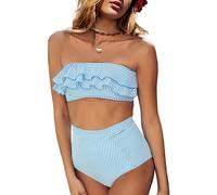 ZHONGZD Gestreiftes, Hoch Tailliertes, Unregelmäßig Gerüschtes Bandeau-Bikini-Set Für Damen