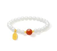 ZHOU LIU FU 24K Gold Beaded Armband Weiße Jade Edelstein Gelbgold Chinesisches Cai Rotachat Ball Charm Stretch Armbänder Heilung Schmuck für Damen Ehefrauen Mütter Geschenk Geburtstag Jahrestag 17cm