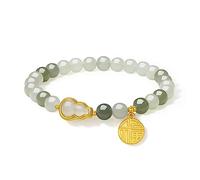 ZHOU LIU FU 24K Gold Chinesische Flaschenkürbisse Charm Beaded Armband Grüne Jade Stretch-Armbänder Schmuck für Damen Mutter Tochter Geschenke Geburtstag Valentinstag Jahrestag 17/19cm (17cm)