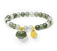 ZHOU LIU FU 24K Gold Chinesische Ruyi Charm Beaded Armband Grüne Jade Stretch-Armbänder Schmuck für Damen Mutter Tochter Geschenke Geburtstag Valentinstag Jahrestag 17/19cm (17cm)
