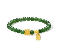 ZHOU LIU FU 24K Gold Chinesisches Cai (Glück) Charm Beaded Armband Grüne Jade Stretch-Armbänder Schmuck für Damen Mutter Tochter Geschenke Geburtstag Valentinstag Jahrestag 17cm