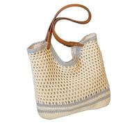 ZhuiKun Strohtasche für Damen Stroh Handtasche mit Reißverschluss Sommer Strandtasche Shopper Tasche - Hellblau Trim, 38x38cm