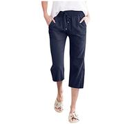 ZhungZaoh Damen Shorts Sommer Bermuda Shorts Damen Sommer Kurze Hose Musselin Sport Leinen Sommerhose mit Taschen Leinenhose Stoffhose Elastische Taille Strandshorts(01-Navy, S)
