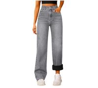 ZhungZaoh Gefütterte Jeans Damen Thermo Winter Denim Jeans mit Fleece High Waist Weites Bein Jeanhosen Stretch Boyfriend Straight Leg Hose Elegant Freizeithosen Mädchen Streetwear (Grey, M)
