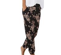 ZhungZaoh Strandhose Damen Sommerhose Leicht Boho Lange Haremshose Blumen Straight Bein Hose Damen Sommer Stoffhose Freizeithose Schlupfhose mit Taschen (011-Orange, L)