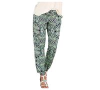 ZhungZaoh Strandhose Damen Sommerhose Leicht Boho Lange Haremshose Blumen Straight Bein Hose Damen Sommer Stoffhose Freizeithose Schlupfhose mit Taschen Bikini (012-Green, L)