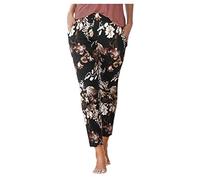 ZhungZaoh Strandhose Damen Sommerhose Leicht Boho Lange Haremshose Blumen Straight Bein Hose Damen Sommer Stoffhose Freizeithose Schlupfhose mit Taschen Bikini (012-Black, M)