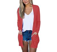 ZhungZaoh Strickjacken Damen Lang Leichte Cardigan Sommer Elegant Strickcardigan Langarm Jacke Casual Strickmantel Sweatjacke Pullover ohne Knöpfe mit Taschen (Wassermelonenrot, XL)