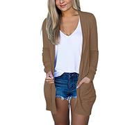 ZhungZaoh Strickjacken Damen Lang Leichte Cardigan Sommer Elegant Strickcardigan Langarm Jacke Casual Strickmantel Sweatjacke Pullover ohne Knöpfe mit Taschen (Khaki, XL)